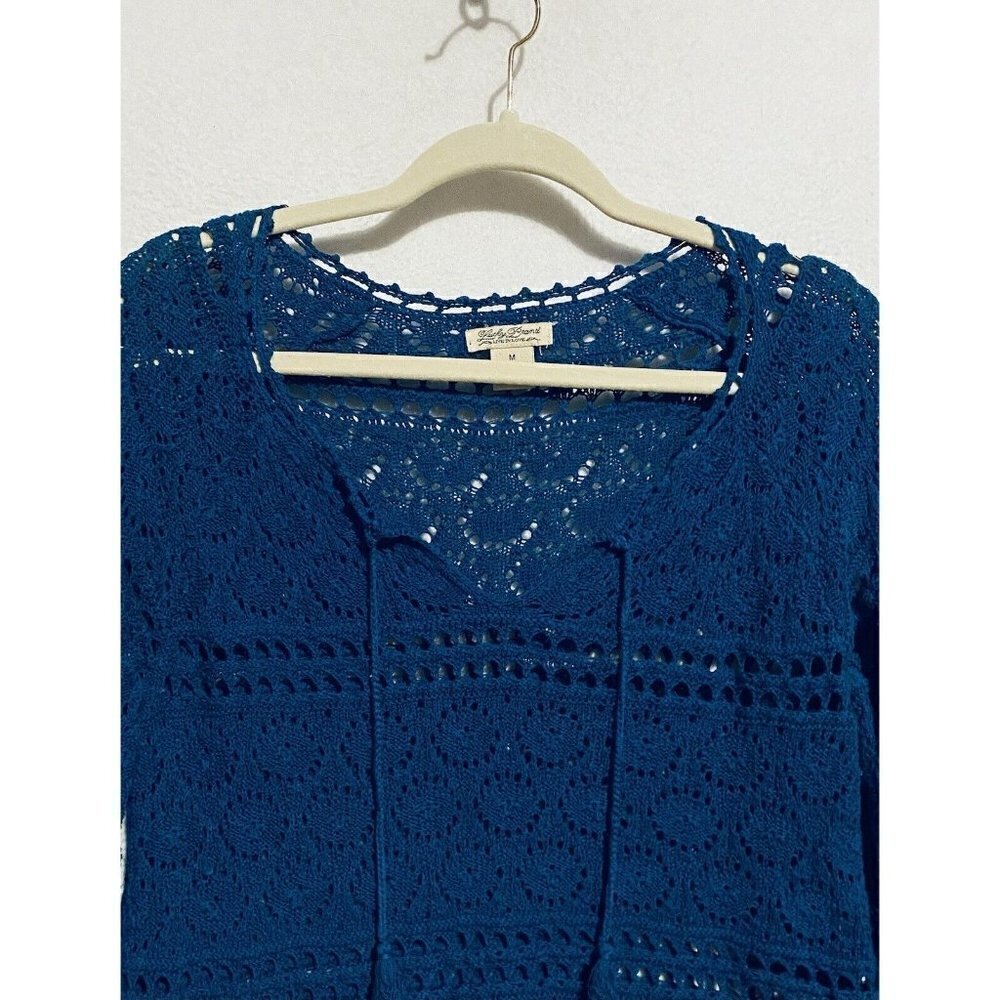 Lucky Brand Sweater Womens Medium Crochet Open Knit 3/4 Sleeve Tassel Tie Boho - Picture 3 of 9